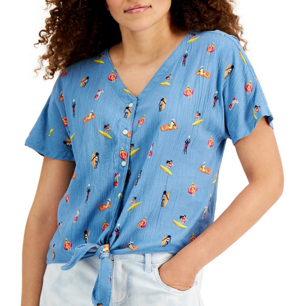 Style and co beach themed tie front, V neck top